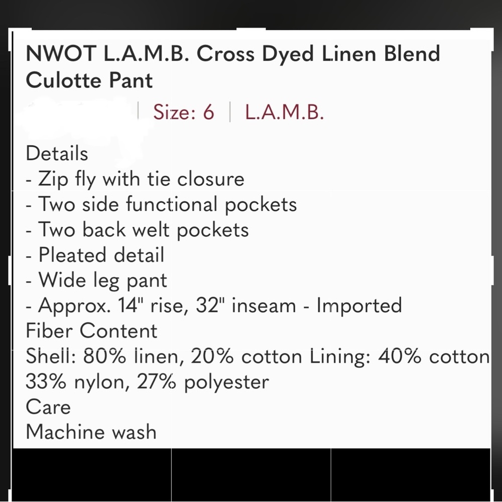 NWOT- L.A.M.B. Cross Dyed Linen Blend Pant-6 - Picture 14 of 14